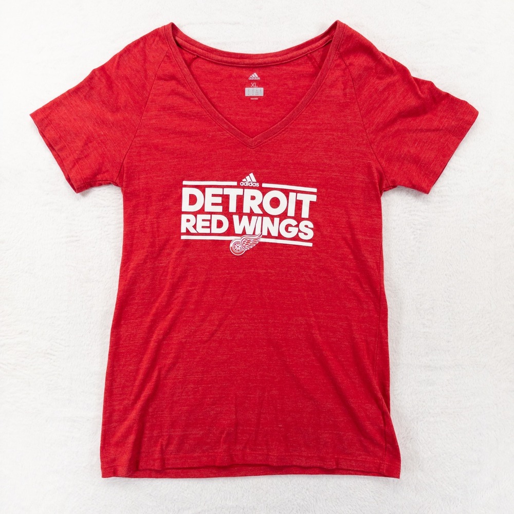 Adidas Womens Detroit Red Wings T-Shirt XL Red V-Neck Graphic NHL Hockey Tee